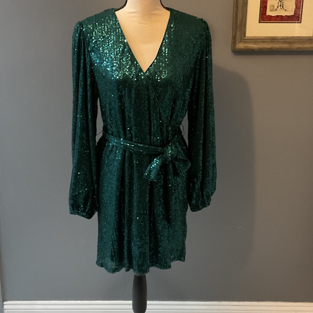 Lulu's Shimmering Emerald Long Sleeve Dress